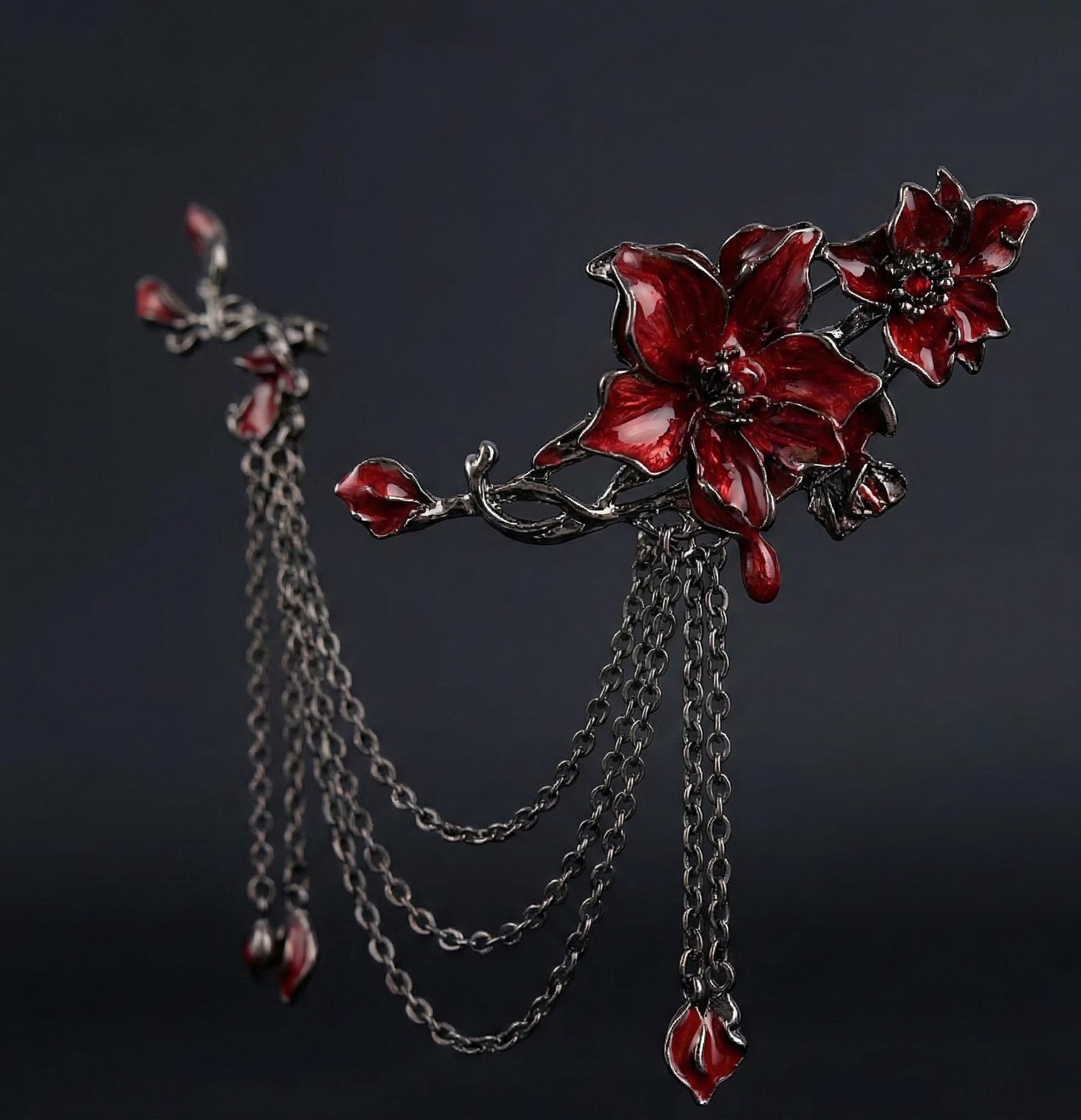 Red Spider Lily Chain Brooch - Gothic Double Lapel Pin - Moonvail Dark ...