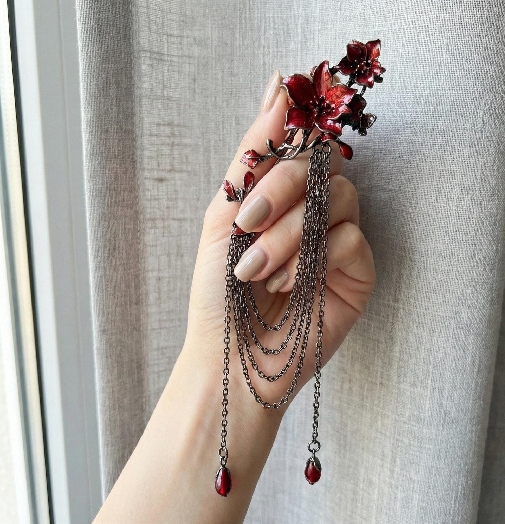 Red Spider Lily Chain Brooch - Gothic Double Lapel Pin - Moonvail Dark ...