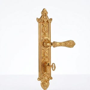 May include: An ornate gold door handle with a key. The handle features detailed floral and scrollwork designs. The handle's lever and backplate are elaborately decorated, showcasing a classic, vintage aesthetic. The key is inserted in the keyhole.