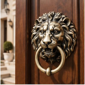Può includere: Un battente per porta in metallo color ottone a forma di testa di leone dettagliata con un anello circolare tenuto in bocca. Il leone presenta una criniera strutturata e tratti del viso definiti, montato su un pannello di porta in legno marrone.