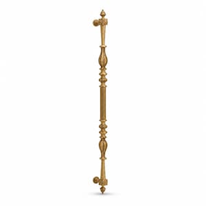 May include: A long, vertical brass door handle featuring a central fluted column, decorative bulbous sections with leaf-like carvings, and square mounting plates at both ends topped with small, rounded finials in a metallic gold finish.
