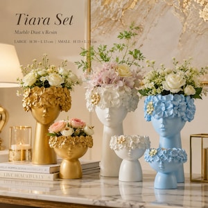 Tiara Head Vase Set Marble Resin Face Planter Flower Pot Modern Table Decor Gift
