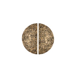 May include: Two halves of a circular cabinet pull with a textured, bronze-colored finish. The pulls are designed to be mounted together, forming a complete circle. The surface has a detailed, organic pattern.