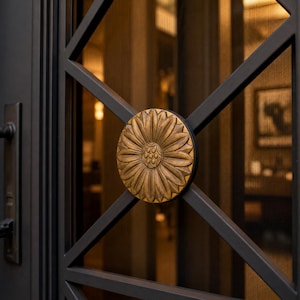 Puede incluir: Una puerta gris oscuro con una rejilla metálica negra y un medallón central circular de latón con un diseño detallado de pétalos florales. La puerta incluye un tirador vertical y un panel de malla fina tras la estructura geométrica.