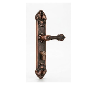 May include: Ornate bronze door handle with a keyhole. The handle features detailed floral and scrollwork designs. The rectangular backplate has a textured surface. The handle and backplate are a warm, antique bronze color.