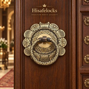 May include: A circular brass door knocker with intricate floral and scale patterns mounted on a dark brown wooden door. The text Hisafelocks and TRADITION MEETS SECURITY is printed above the knocker, accompanied by a small crown icon.