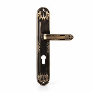 May include: Ornate bronze door handle with decorative floral and scrollwork patterns. The handle features a keyhole and a lever-style design. The metal has a dark, antique finish with gold accents, suitable for interior doors.
