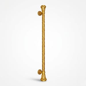 May include: A gold-colored door pull with ornate detailing. The handle features a long, textured shaft with floral and leaf patterns. The ends have decorative, rounded accents and circular mounting plates.