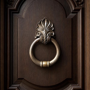 May include: A dark brown wooden door featuring a central circular metal door knocker. The knocker has a polished brass finish and is topped with an ornate, fan-shaped decorative plate with carved leaf-like details and symmetrical scroll accents.