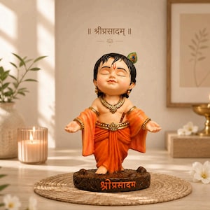 May include: A figurine of a smiling deity with closed eyes, wearing an orange robe and gold jewellery. A peacock feather adorns the deity's hair. The base of the figurine has text in a foreign language. The image also includes text in a foreign language at the top.