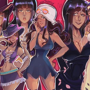 May include: Illustration of a group of anime-style women in various outfits, with dark hair and skin. The women are in different poses, some wearing hats and dresses. The background is a pink color with star and heart shapes.