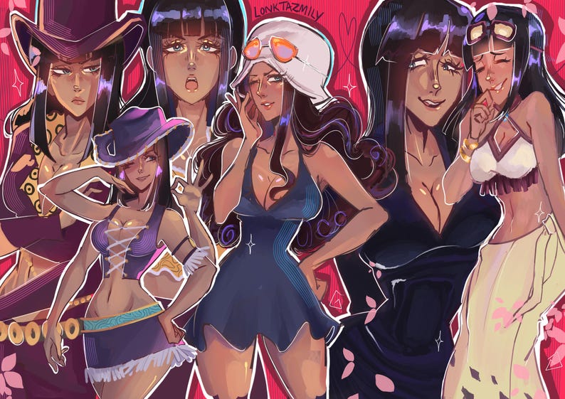 May include: Illustration of a group of anime-style women in various outfits, with dark hair and skin. The women are in different poses, some wearing hats and dresses. The background is a pink color with star and heart shapes.
