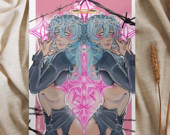 May include: A print featuring a mirrored illustration of a figure with blue hair, a halo, and a crown of thorns. The artwork has a pink and black color scheme, with a glowing cross design. Barbed wire and a pink background complete the design.
