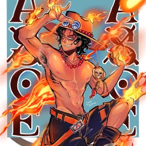 May include: Illustration of a character with fiery powers. The character wears a hat, necklace, and shorts with an orange belt. Flames emanate from the character's body and hands, with the letter "A" in the background.