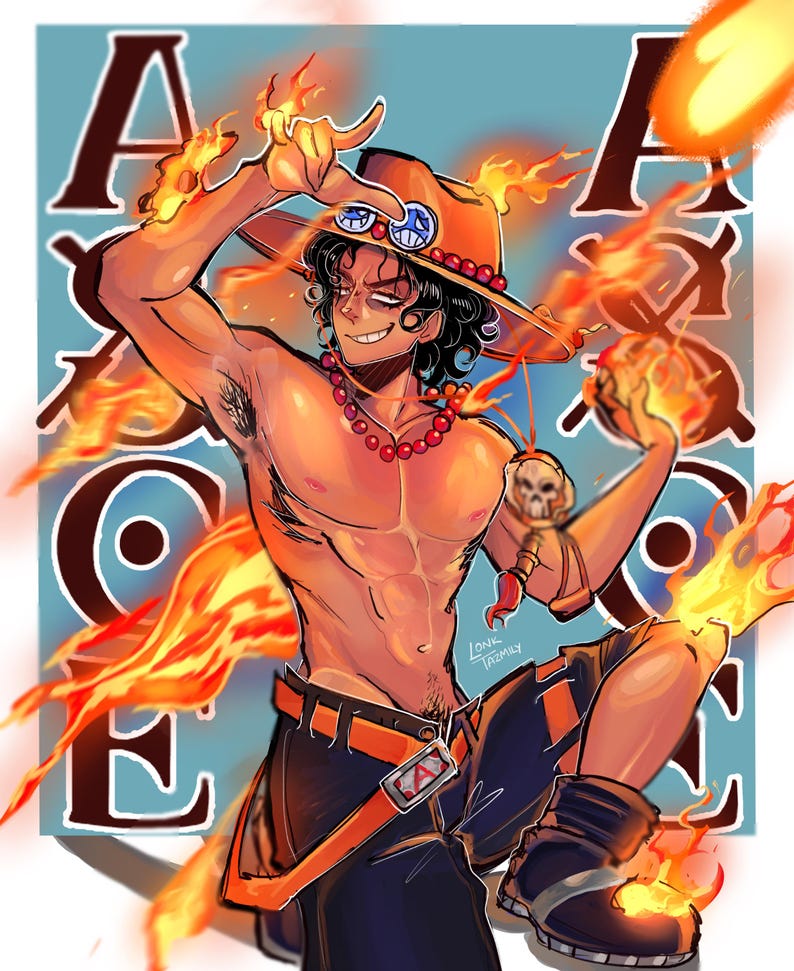 May include: Illustration of a character with fiery powers. The character wears a hat, necklace, and shorts with an orange belt. Flames emanate from the character's body and hands, with the letter "A" in the background.