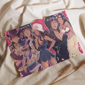 May include: A print featuring multiple illustrations of a woman in various outfits. The artwork has a pink background with the woman in a variety of poses and outfits. The print has the text "LEHTAZMILY" in the upper left corner.