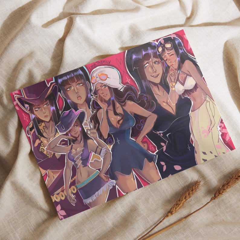 May include: A print featuring multiple illustrations of a woman in various outfits. The artwork has a pink background with the woman in a variety of poses and outfits. The print has the text "LEHTAZMILY" in the upper left corner.