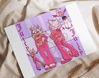May include: A print featuring a cartoon character in a pink tracksuit with the word "Juicy" in a stylized font. The character is depicted in multiple poses against a lavender and white striped background. The print has a white border and is set on a beige fabric.