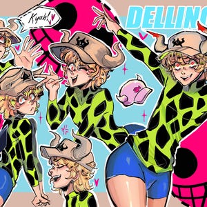 May include: Digital illustration featuring a character in a green and black patterned outfit, blue shorts, and a hat with horns. The character is in various poses, with the word "Dellinger" at the top and "Kyah!" in a speech bubble.