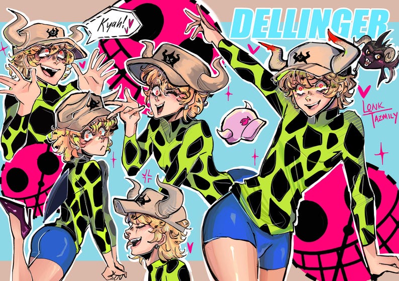 May include: Digital illustration featuring a character in a green and black patterned outfit, blue shorts, and a hat with horns. The character is in various poses, with the word "Dellinger" at the top and "Kyah!" in a speech bubble.