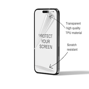 May include: A black smartphone with a screen protector partially removed. The protector is transparent and displays the text "PROTECT YOUR SCREEN." The image highlights the protector's high-quality TPU material and scratch resistance.