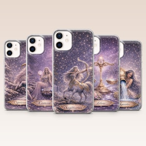 May include: A set of phone cases, each showcasing a different zodiac sign. The cases feature detailed illustrations set against a starry backdrop. The signs displayed are Capricorn, Cancer, Sagittarius, Libra, and Aquarius.