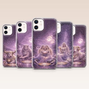 May include: A set of phone cases, each showcasing a different zodiac sign. The designs feature astrological symbols and illustrations set against a purple, starry backdrop. The cases include Taurus, Leo, Gemini, Virgo, and Aries.