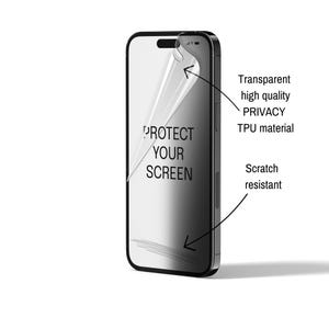 May include: A smartphone with a screen protector partially peeled back. The screen protector has the text "PROTECT YOUR SCREEN" and is labeled as transparent, high quality, privacy, and scratch resistant.