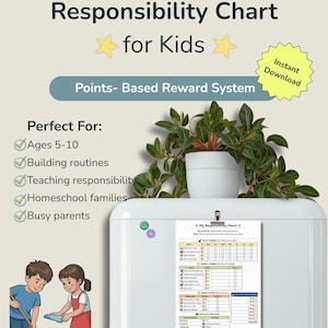 May include: Printable responsibility chart for children, featuring a points-based reward system. Suitable for ages 5-10, it aids in establishing routines and teaching responsibility. The chart is displayed on a white fridge, with a plant on top.