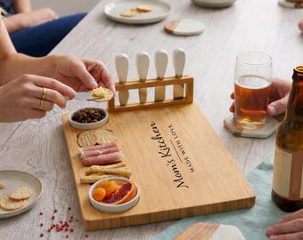 Personalized Bamboo Board Serving Tray for Appetizer and Charcuterie with Ceramic Bowls and Knife Set.