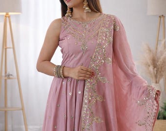 Silk Anarkali Dress Set, Embroidered Indian Gown with Dupatta Wedding Wear