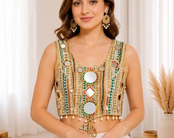 Women's Kutchi Mirror Work Blouse, Navratri Garba Choli, Jute Fabric