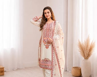 Black Embroidered Pakistani Suit Set with Organza Dupatta, Modest Ethnic Outfit