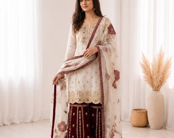 GMY Silk Palazzo Suit with Embroidered Organza Dupatta