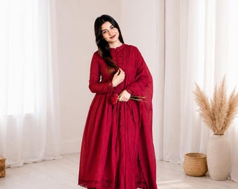 Embroidered Roman Silk Gown Set with Dupatta, Wedding Party Wear Outfit for Women