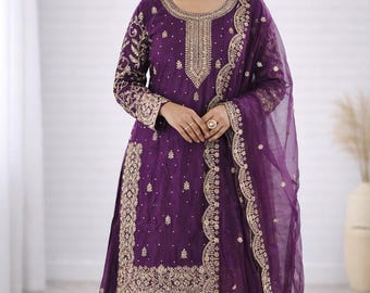 Purple Silk Top Palazzo Set, Embroidered Indian Outfit with Dupatta