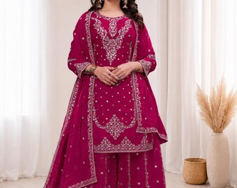 Pink Fendy Silk Sharara Set with Dupatta, Embroidered Wedding Outfit for Women