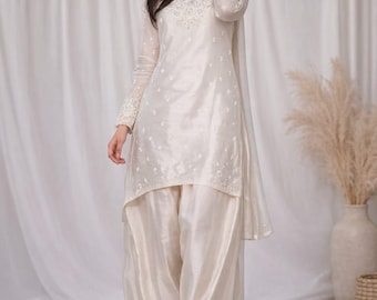 Embroidered Silk Salwar Suit Set with Dupatta, Modest Ethnic Outfit, Wedding Guest Party Wear