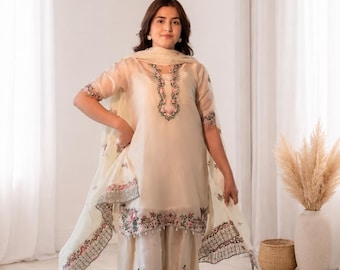 Fendi Silk Farshi Palazzo Set with Dupatta, Embroidered Wedding Outfit for Women