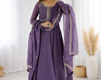 Silk Anarkali Dress Set, Embroidered Indian Gown with Dupatta Wedding Wear