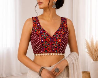 Kutchi Mirror Work Blouse for Women, Navratri Garba Choli, Silk Festival Blouse