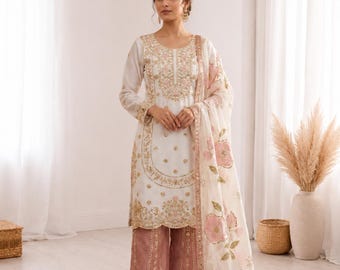 GMY Silk Palazzo Suit with Embroidered Organza Dupatta