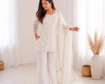 Off White Embroidered Kurti Set with Bell Bottom Pant and Dupatta