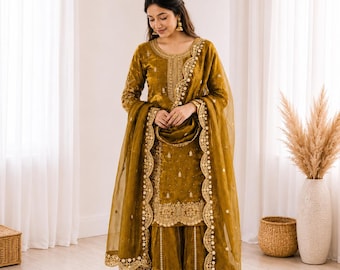 Fendy Silk Palazzo Suit Set with Sequins Embroidery Dupatta
