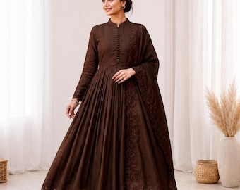 Chocolate Roman Silk Gown Set with Embroidered Dupatta