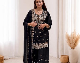 Black Georgette Palazzo Set with Dupatta, Embroidered Party Wear Outfit for Women