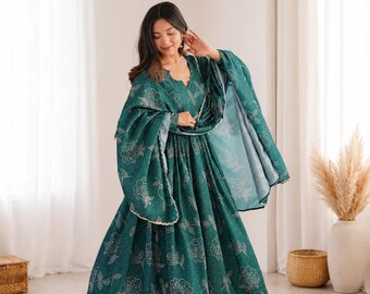 Printed Maslin Gown Set with Dupatta, Floral Ethnic Dress for Women