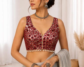 Navratri Mirror Work Blouse for Women, Kaudi Shell Garba Choli, Sleeveless Ethnic Blouse