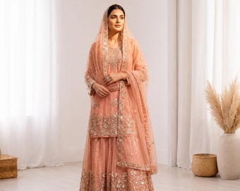 Organza Sharara Set with Dupatta, Embroidered Party Wear Outfit for Women