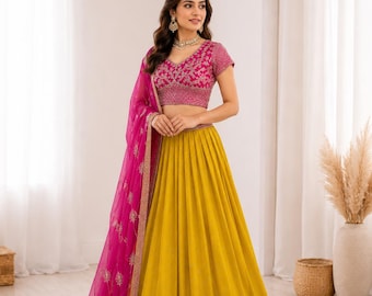 Pink Yellow Lehenga Choli Set with Dupatta, Embroidered Wedding Outfit for Women